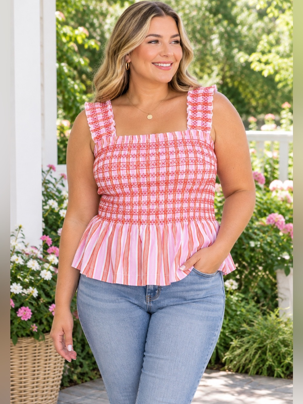 Women’s Free Assembly Smocked Square-Neck Peplum Tank Top - Pink Stripe